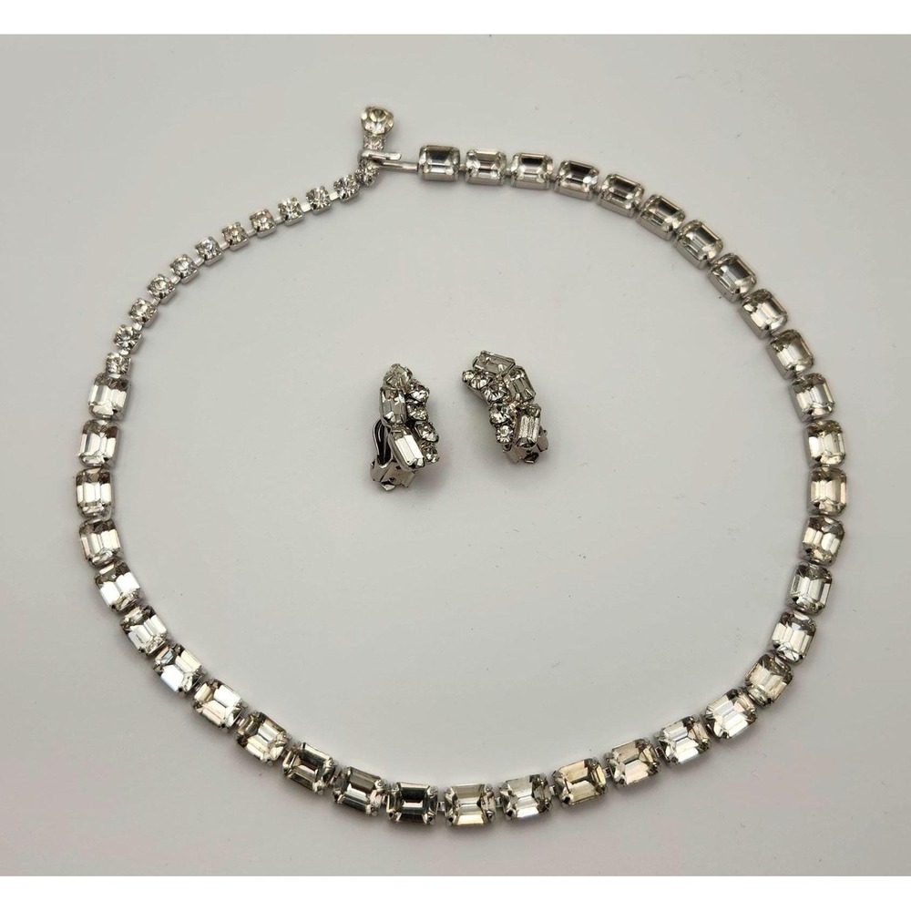 Vintage Kramer Rhinestone Necklace Clip Earrings Set Signed Emerald Cut Bridal